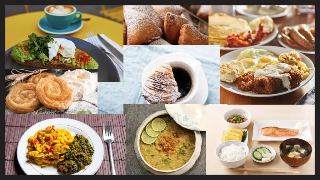 Breakfast around the world with multiple breakfast dishes from all over the globe.