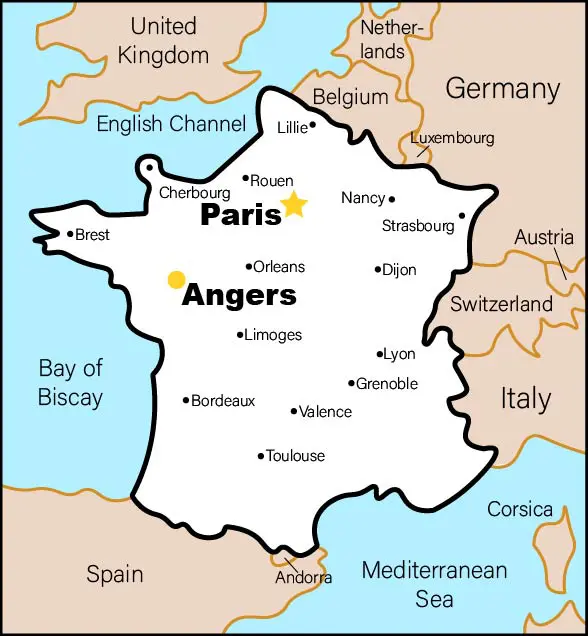 A map of France highlighting the locations of Angers and Paris.