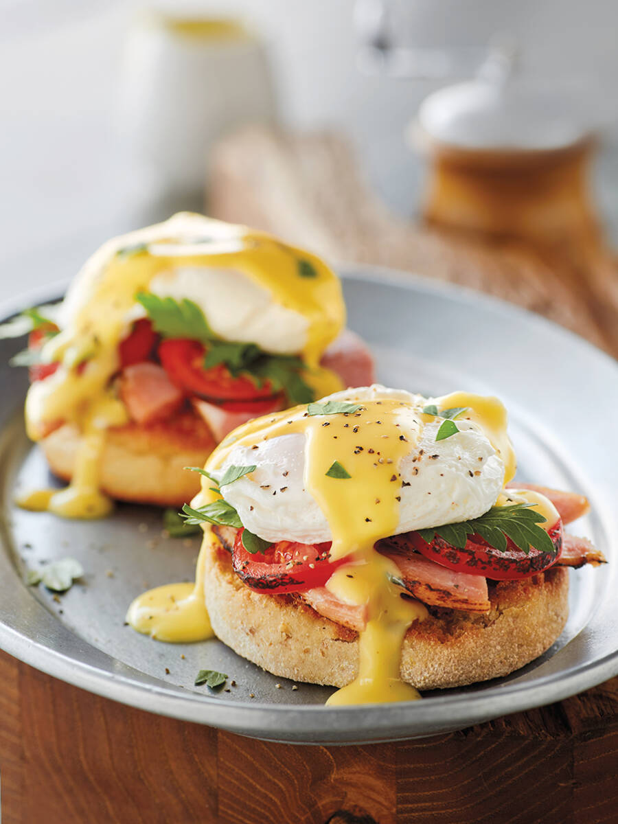 Breakfast meat with a plate of eggs Benedict.