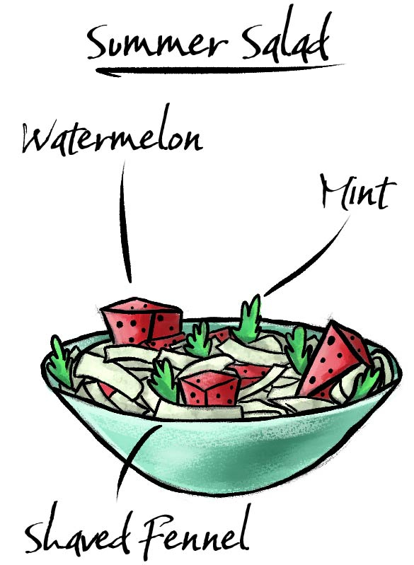 How to make a salad with an illustration of a summer salad with fennel and watermelon