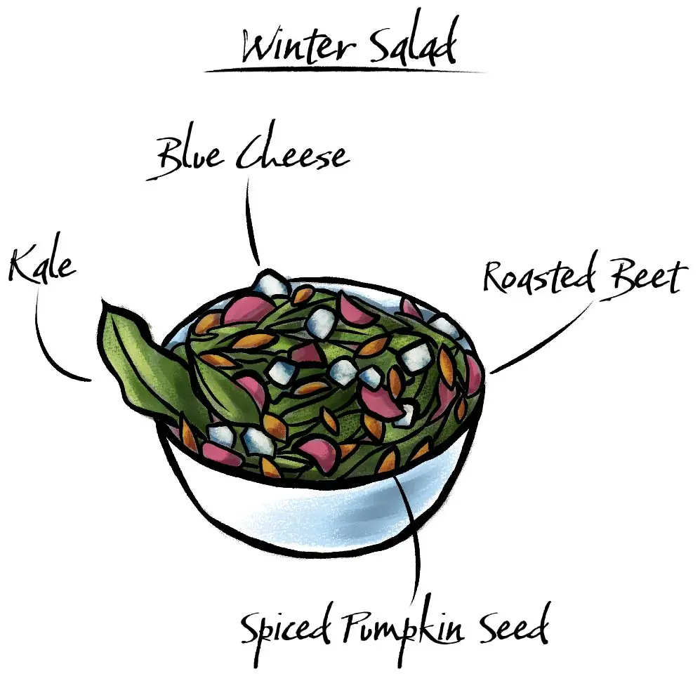 How to make a salad with an illustration of a winter salad with blue cheese and kale in a bowl.
