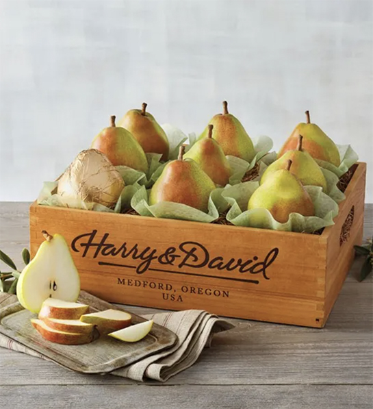 Pear harvest orchard crate of Harry & David pears.