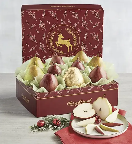 Pear harvest with a box of pears decorated for christmas