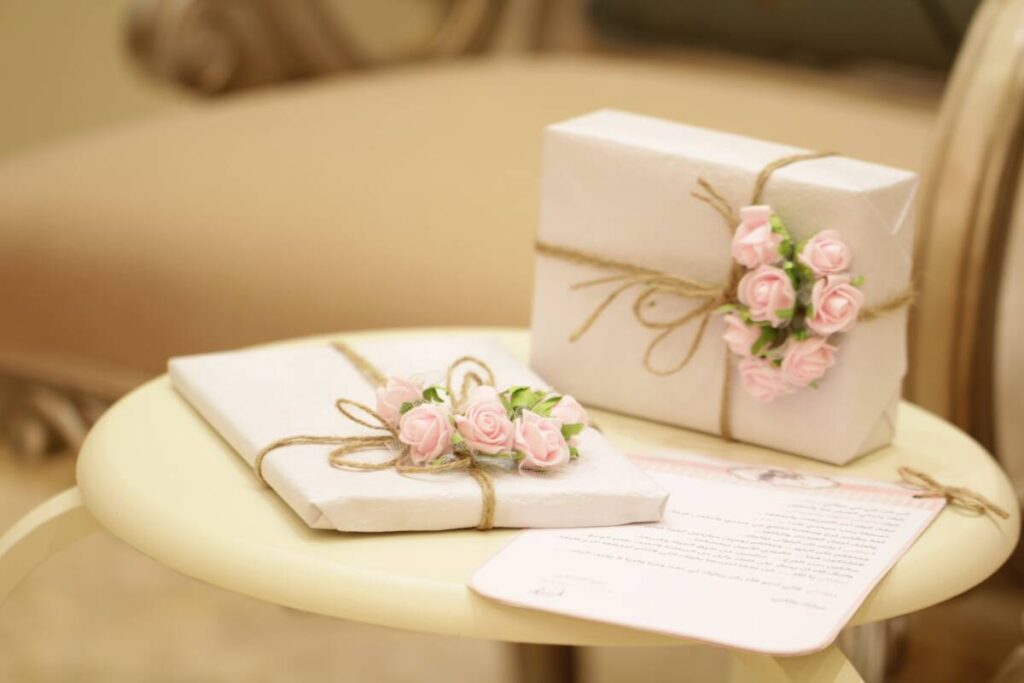 Wedding gift etiquette with two gifts sitting on a table.