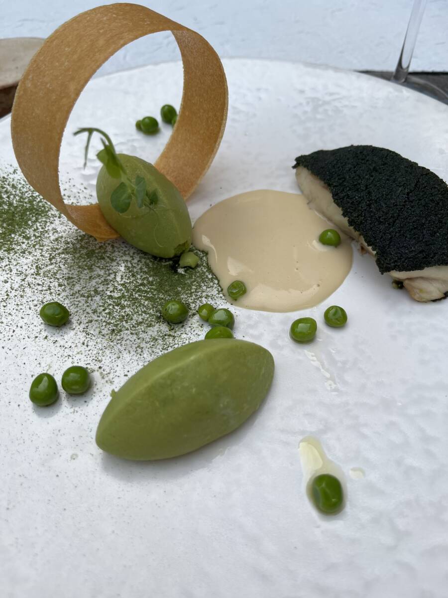 Plated like a piece of art, the seasonal dishes at Envol might include spirulina-coated seabass with fresh pea purée.