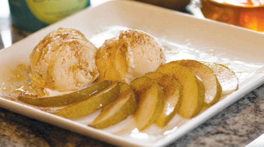 juicy pear dessert with sea salt ice cream