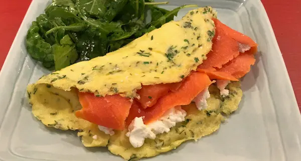 Smoked salmon. The lox and goat cheese omelet with fresh herbs is great for any meal, not just for breakfast.