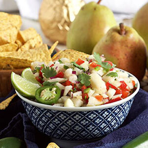 Pear recipes with a bowl of pear salsa.
