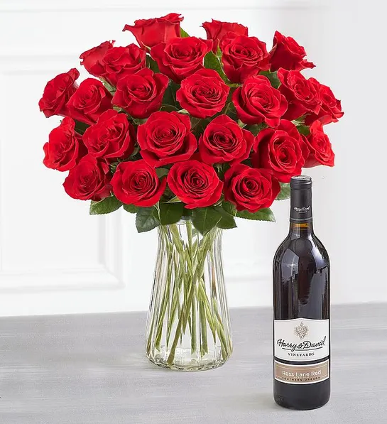 Sweetest Day gifts with a bouquet of roses and bottle of wine.