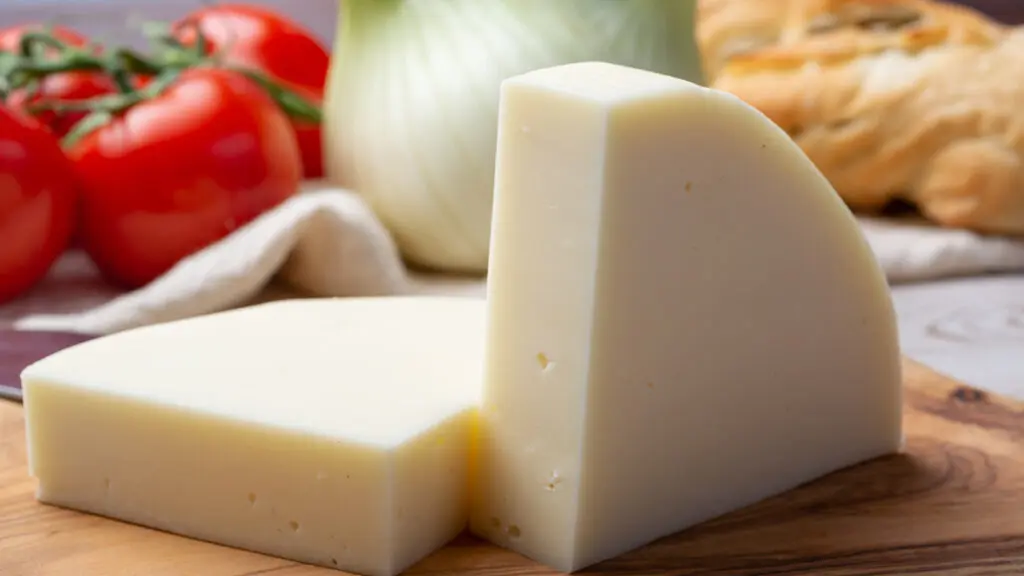 Types of cheese with two blocks of provolone on a wooden board.