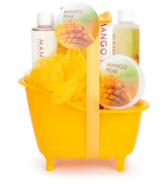 Boss's gift ideas with a yellow gift basket full of spa items.