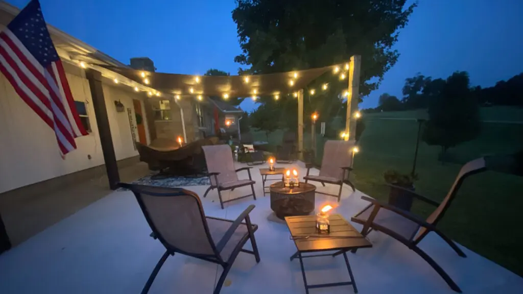 Caregiver. Outdoor patio with twinkly lights.