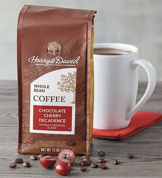 How to make coffee with a bag of Harry & David coffee next to a cup of coffee.