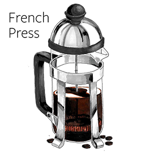 How to make coffee with a drawing of a French press full of coffee.
