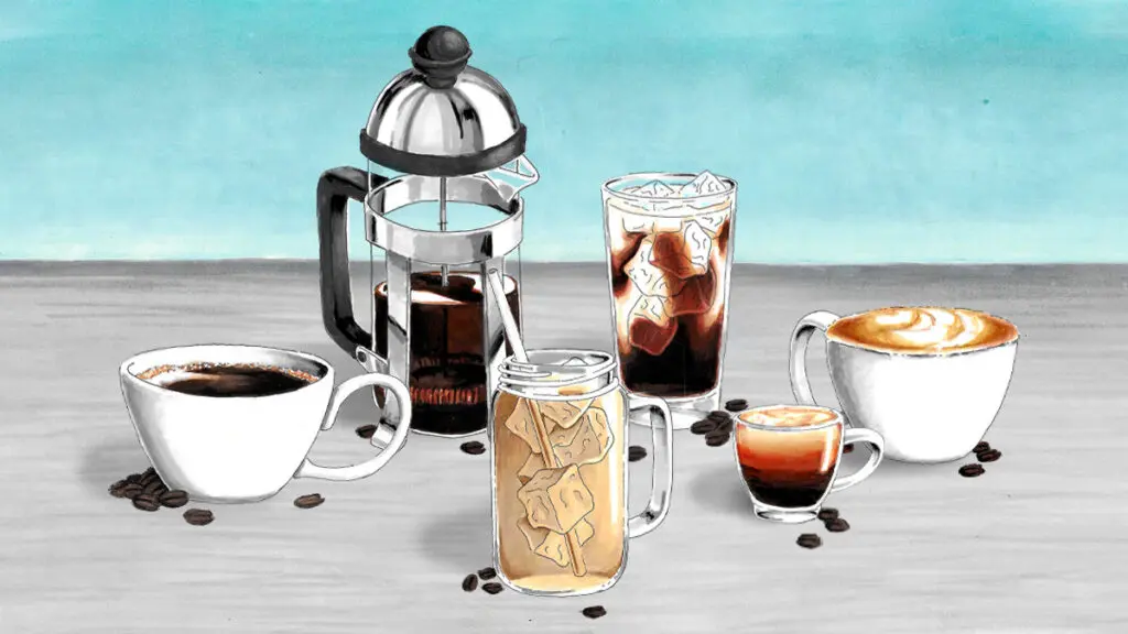 How to make coffee with a drawing of different types of coffee on a table.