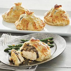 Thanksgiving recipes with a plate of individual chicken Wellingtons.