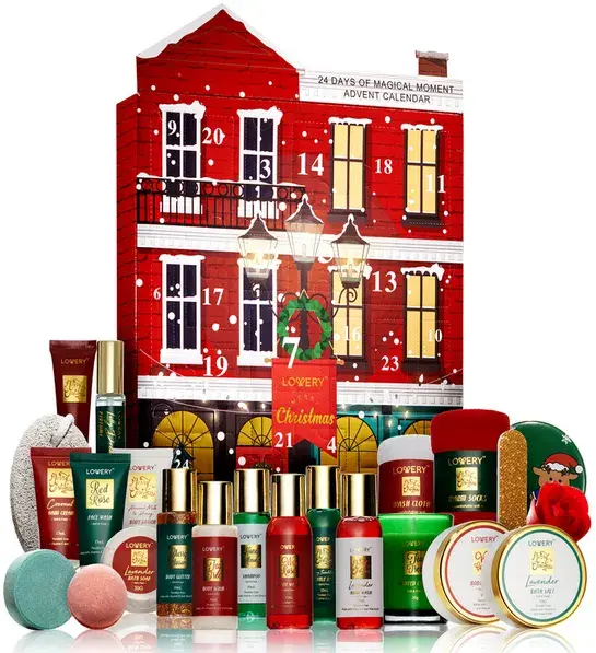 Advent calendar with beauty and spa products in front of it.