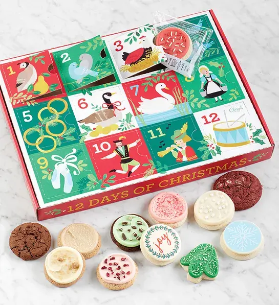 Advent calendar with Cheryl's cookies in front of it.