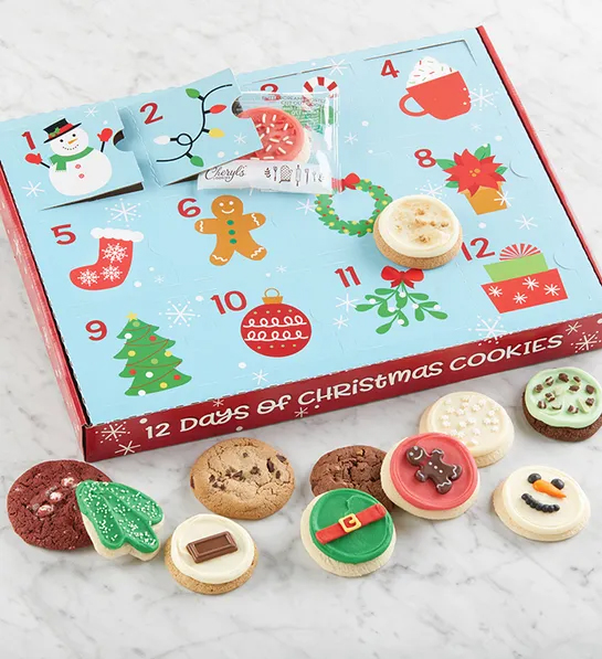 Advent calendar with Cheryl's cookies in front of it.