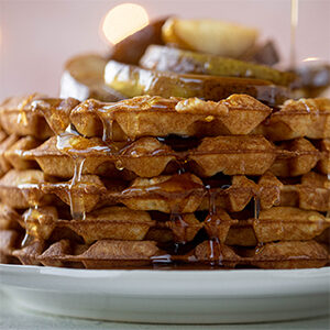 Christmas dinner ideas with a plate of spiced pear waffles.
