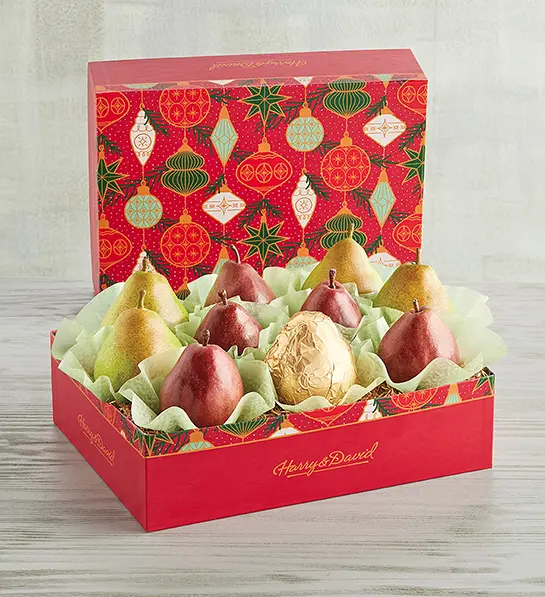 Christmas gift ideas for her with a box of pears.