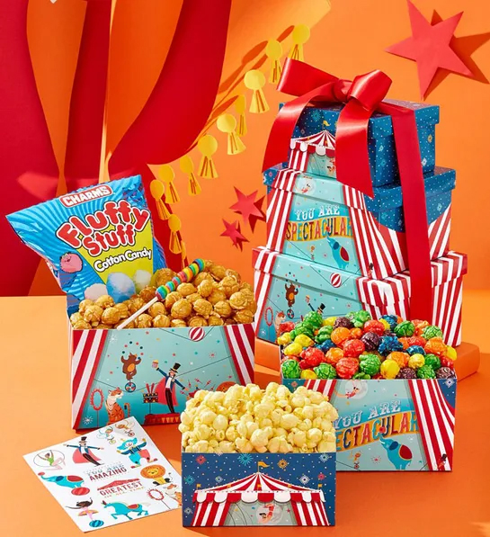 Gifting matrix with a collection of colorful boxes full of popcorn and candy.