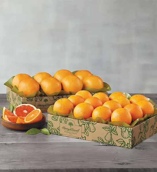 Gifting matrix with two boxes, one filled with grapefruits the other filled with oranges.