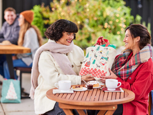 Gifting matrix with two women sitting outside exchanging presents.