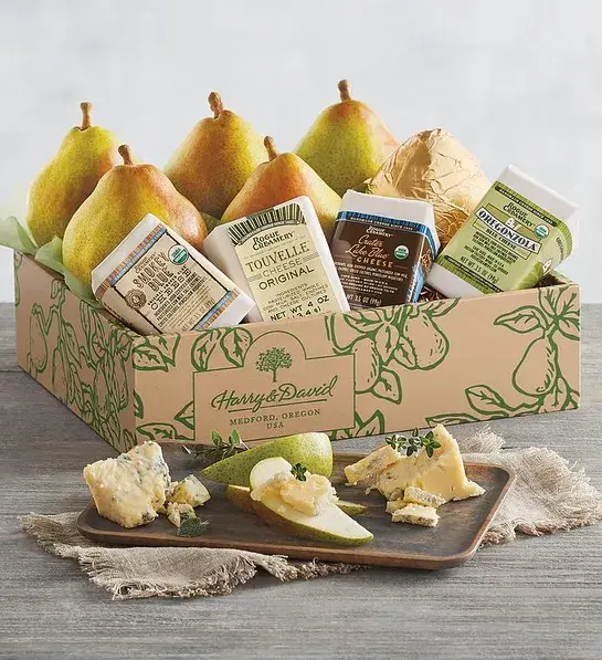 Gifting matrix with a box of pears and cheese.
