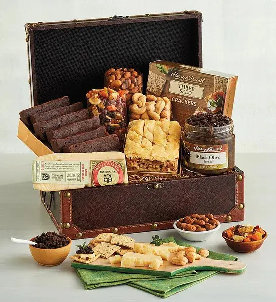 Gifting matrix with a chest full of sweet and savory snacks.