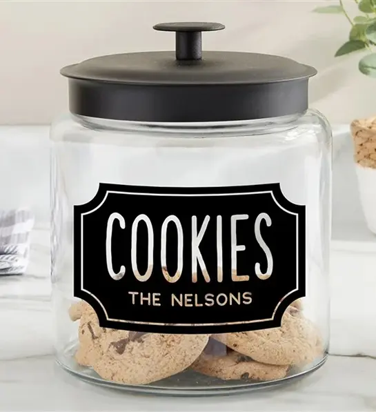 Gifts for coworkers with a personalized jar of cookies.