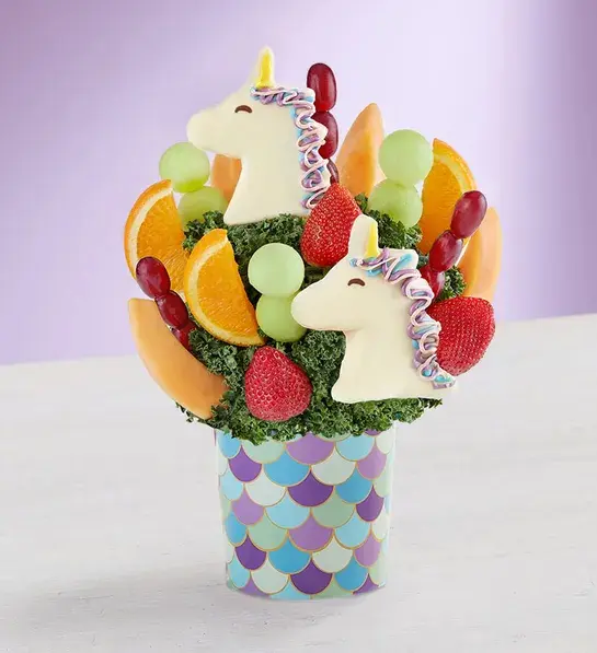 Gifts for coworkers with a fruit bouquet with unicorns.