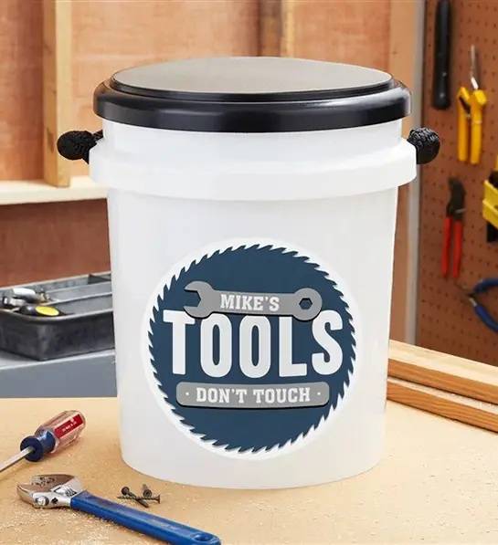 Gifts for coworkers with a personalized bucket for tools.