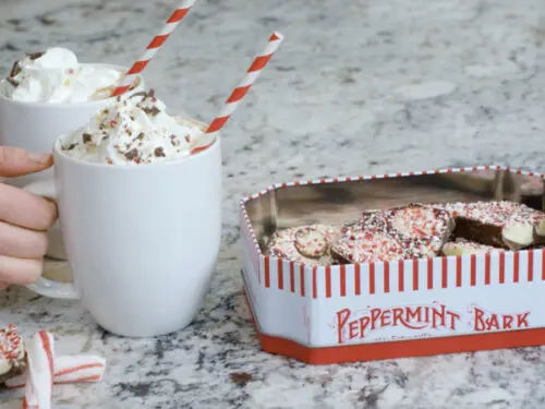 Peppermint bark hot chocolate recipe with two hands putting down mugs of hot chocolate next to a tin of peppermint bark.