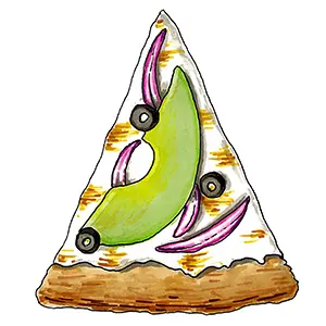 Types of pizza with a drawing of a slice of California pizza.