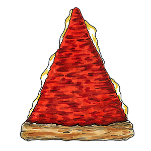 Types of pizza with a drawing of a slice of Chicago deep dish pizza.