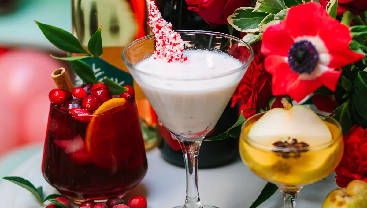 Drink station with a closeup of a peppermint vodka cocktail.