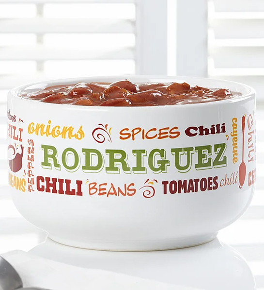 White elephant gift ideas with a personalized chili bowl.