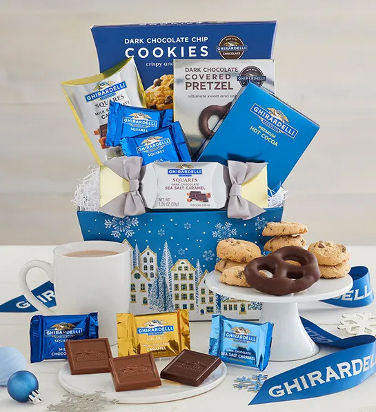 White elephant gift ideas with a basket of different types of chocolate and baked goods.