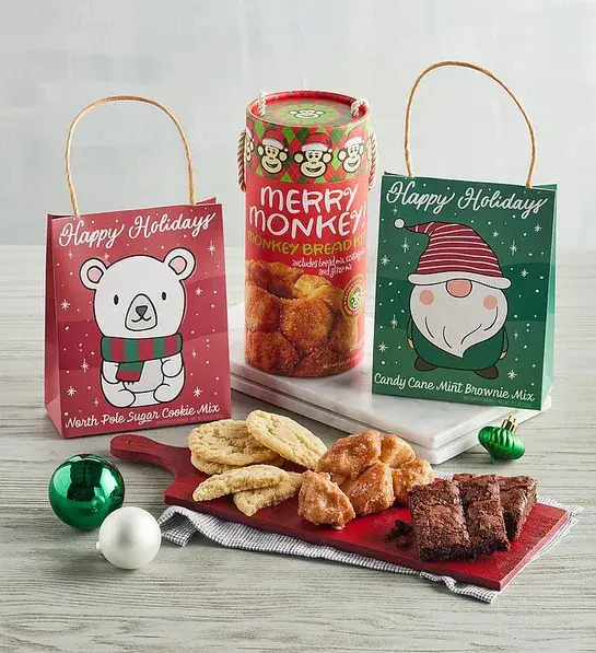 White elephant gift ideas with several bags of baking mixes with baked goods in front.