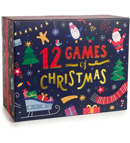 White elephant gift ideas with a box full of Christmas games.