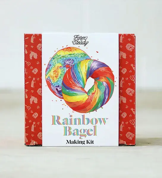 White elephant gift ideas with a box of rainbow bagel mix.