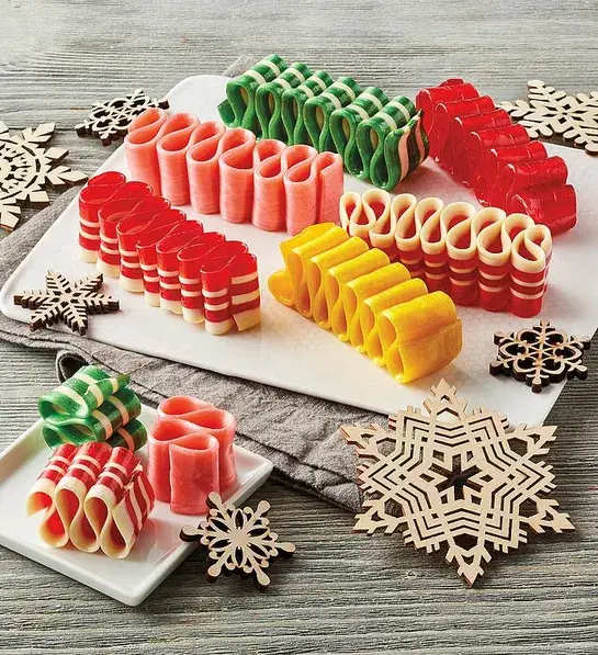 White elephant gift ideas with a plate of Christmas ribbon candy.