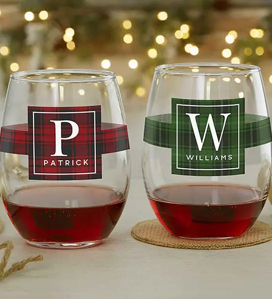 White elephant gift ideas with two personalized wine glasses.