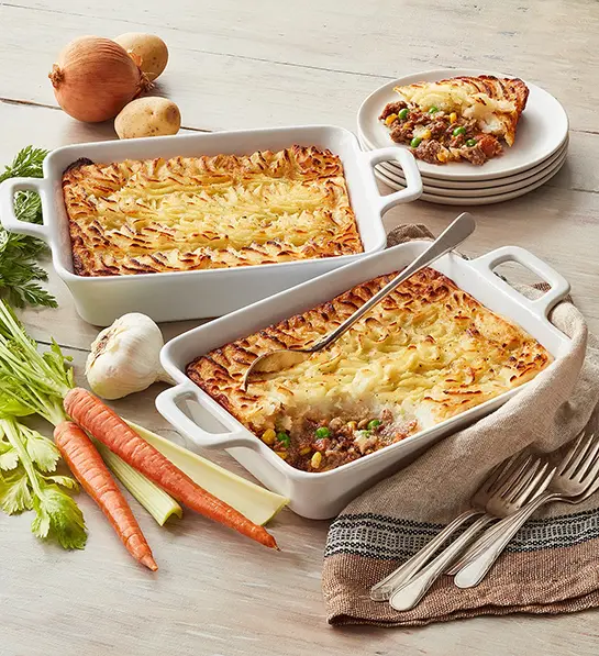 Best gifts with two cottage pies in baking dishes.