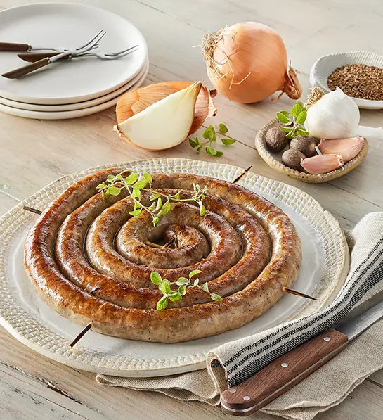 French sausage links on a platter.