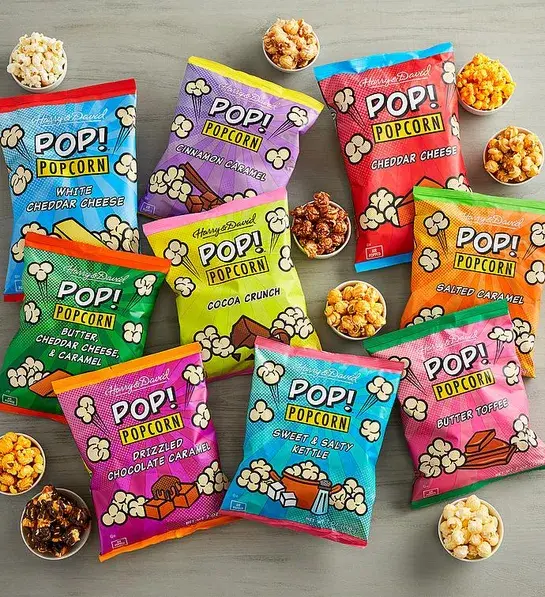 Best gifts with several bags of Harry & David popcorn.