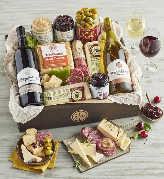 Best gifts with a box of antipasto items and two bottles of wine.