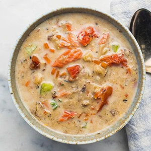 Salmon recipes with a bowl of salmon chowder.