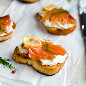 Salmon recipes with crostini's covered in goat cheese and lox.